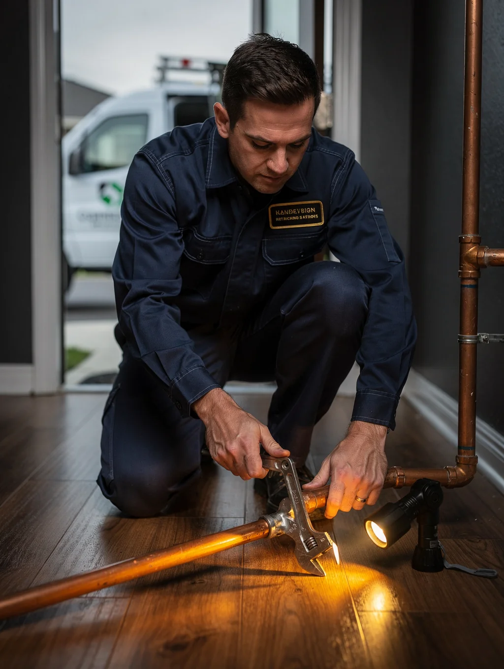 Certified PLUMBIX master plumber inspecting pipe fitting